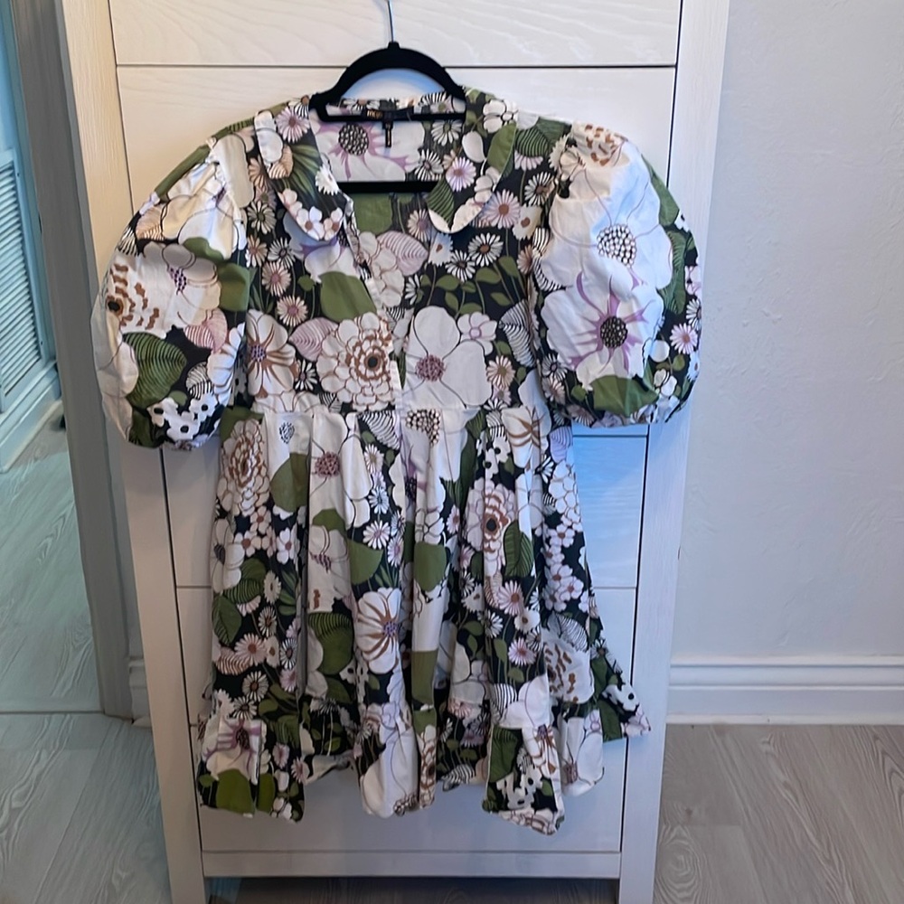 Maje Rafleur Large Floral Print Mini Puff Sleeve Baby Doll Mini Dress Size 40
